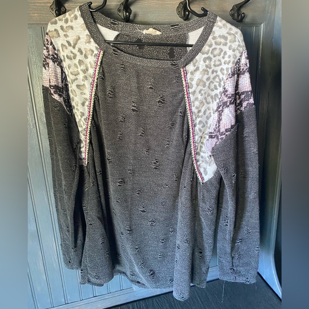BiBi Gray Distressed Leopard Print Sweatshirt